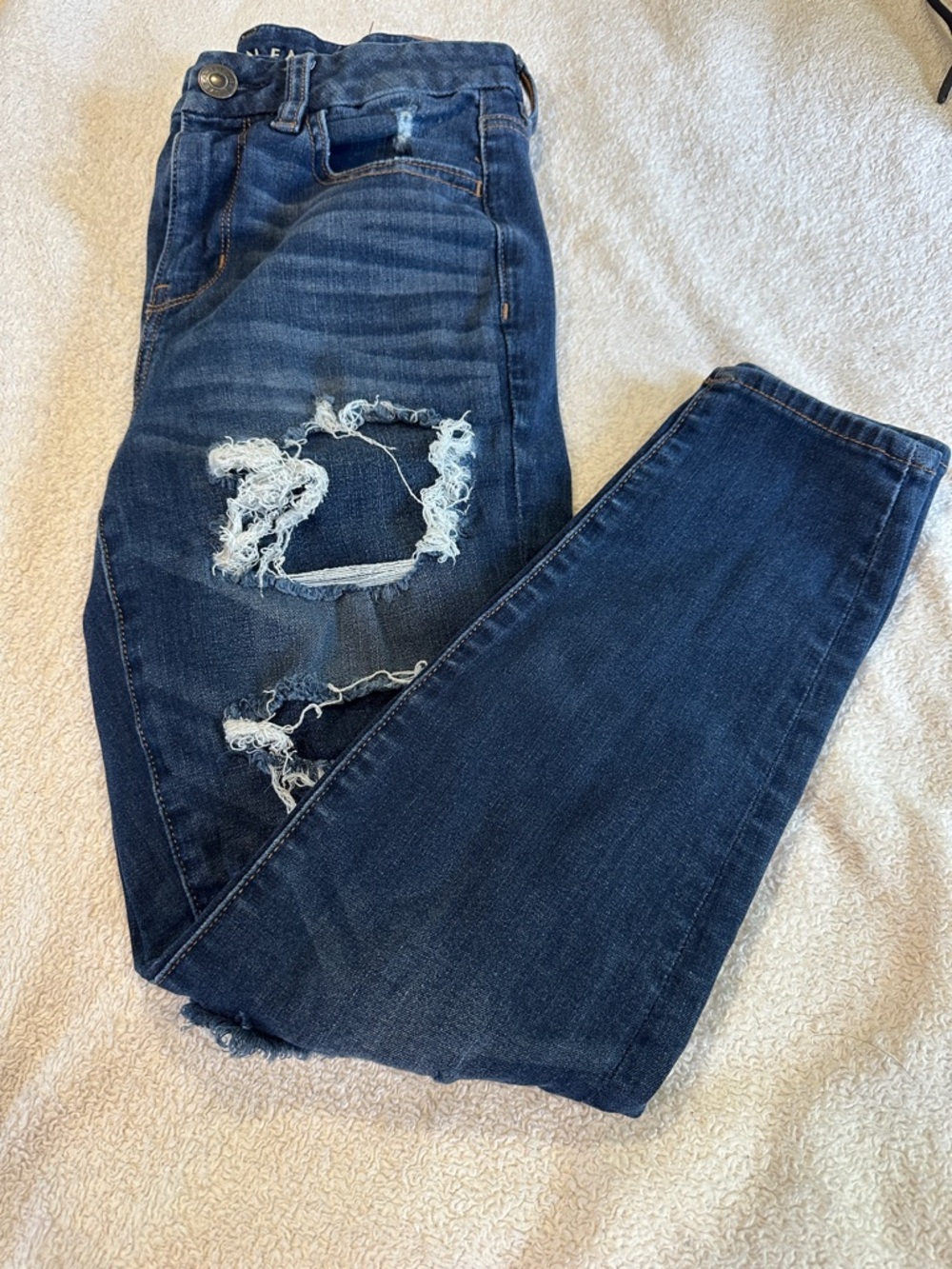 AE - Dark Blue Distressed Women's X- Short  size 4 , curvy hi-Rise jeans